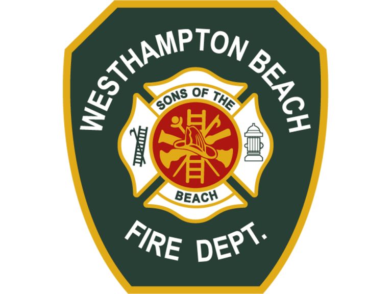 A badge-shaped logo for Westhampton Beach Fire Department featuring a fire service emblem with tools, a ladder, hydrant, and the phrase "Sons of the Beach" in the center.