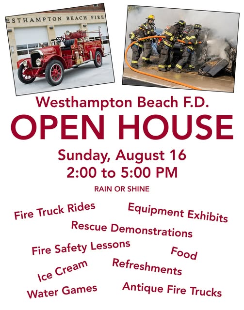 Westhampton Beach F.D. Open House flyer with event details, fire truck photos, and activities like rides, demonstrations, water games, and refreshments listed around the text.